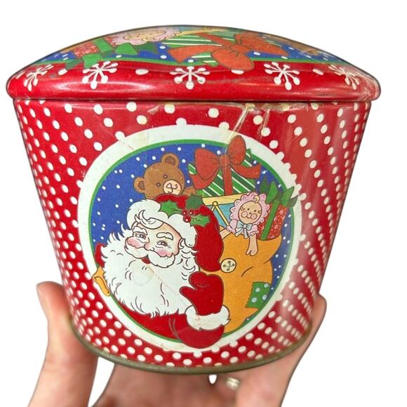 Festive Santa and Reindeer Tin 4 in tall, 3.5 in diameter- santa with toy sack - Picture 1 of 8